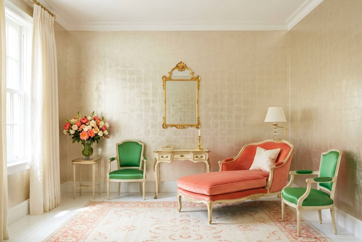 SM05 Dawn Champagne — Metallic Leaf Solid Color Wallpaper, Room Scene