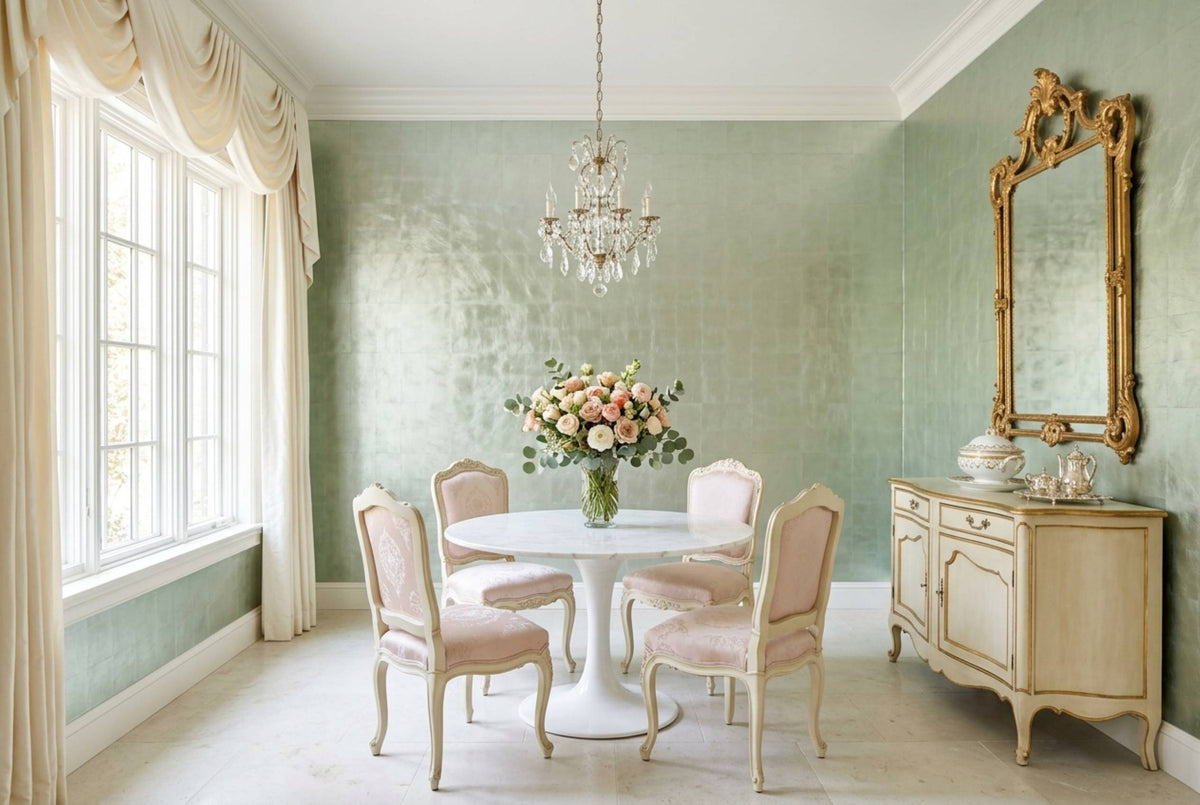 SM09 Sage Green — Metallic Leaf Solid Color Wallpaper, Room Scene