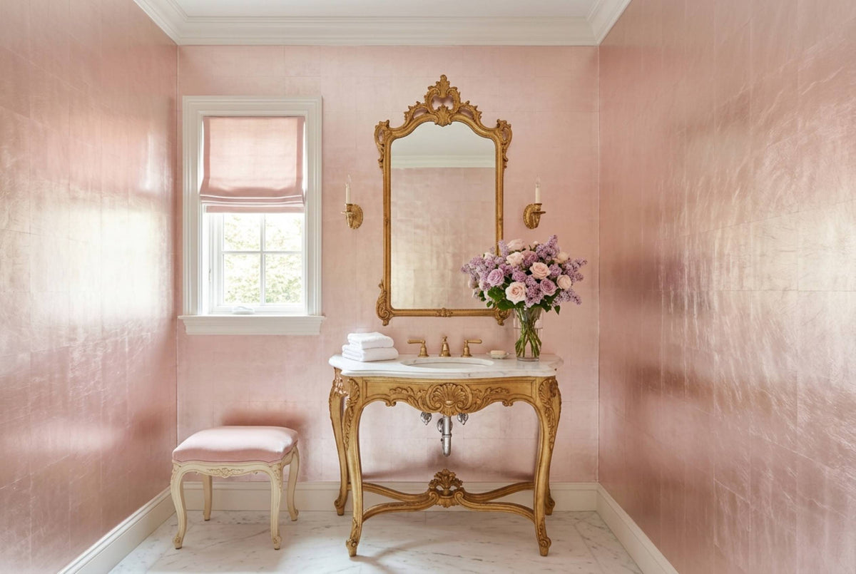 SM11 Rose Pink — Metallic Leaf Solid Color Wallpaper, Room Scene