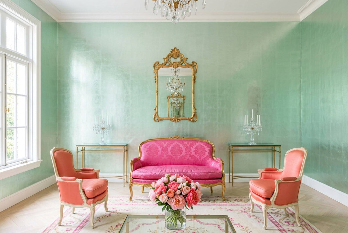 SM12 Mint Frost — Metallic Leaf Solid Color Wallpaper, Room Scene