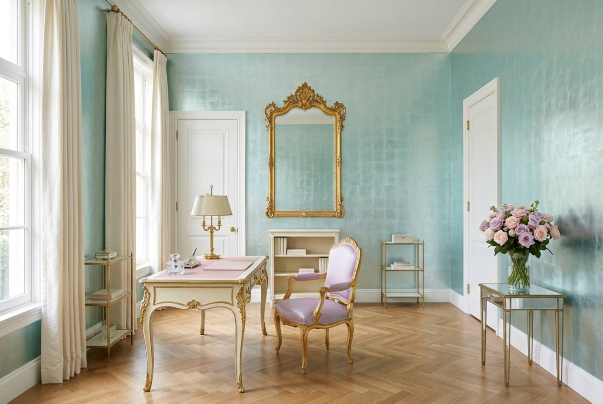 SM13 Celadon Lake — Metallic Leaf Solid Color Wallpaper, Room Scene