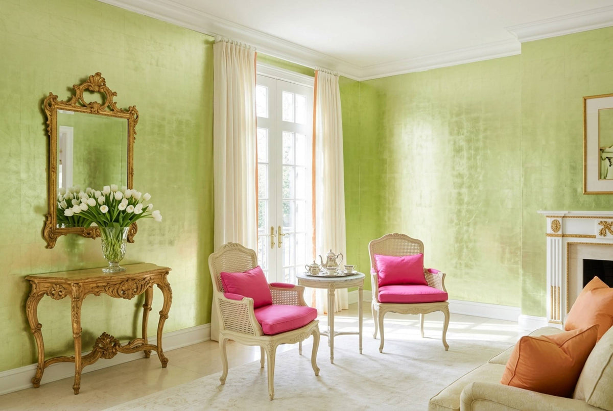 SM14 Meadow Green — Metallic Leaf Solid Color Wallpaper, Room Scene