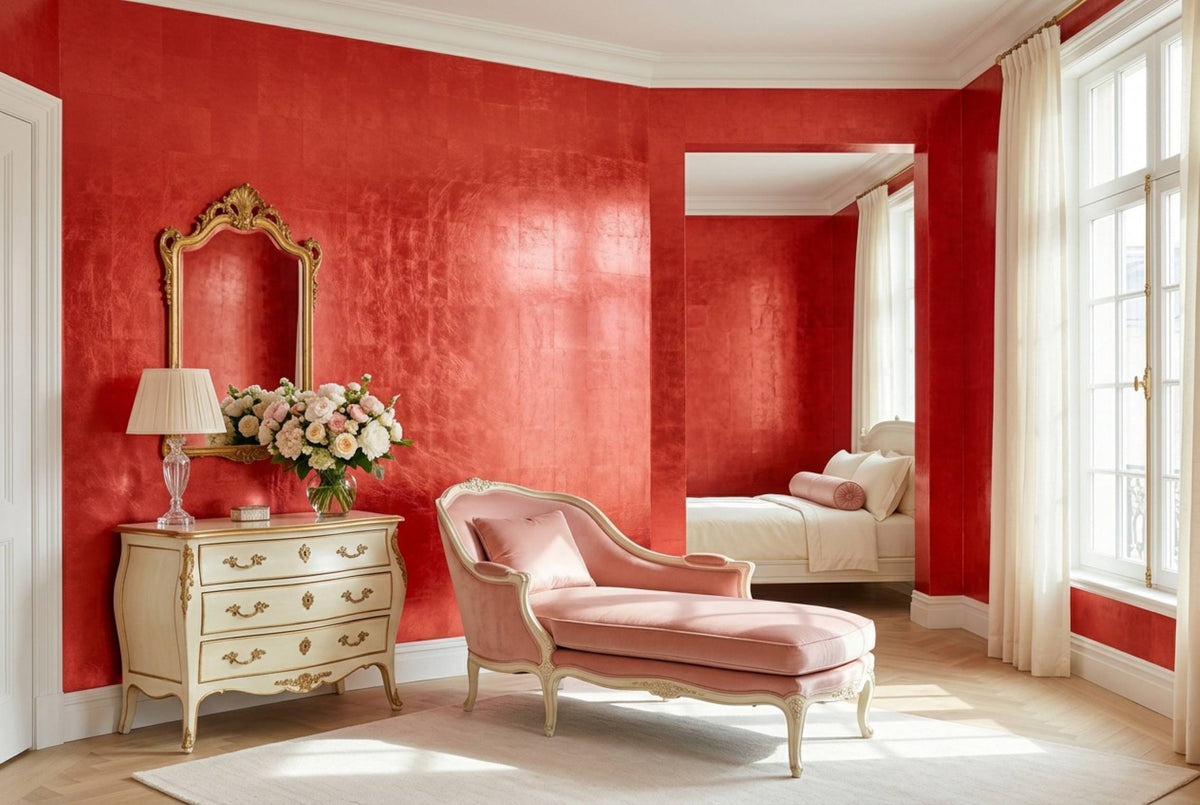 SM15 Garnet Red — Metallic Leaf Solid Color Wallpaper, Room Scene