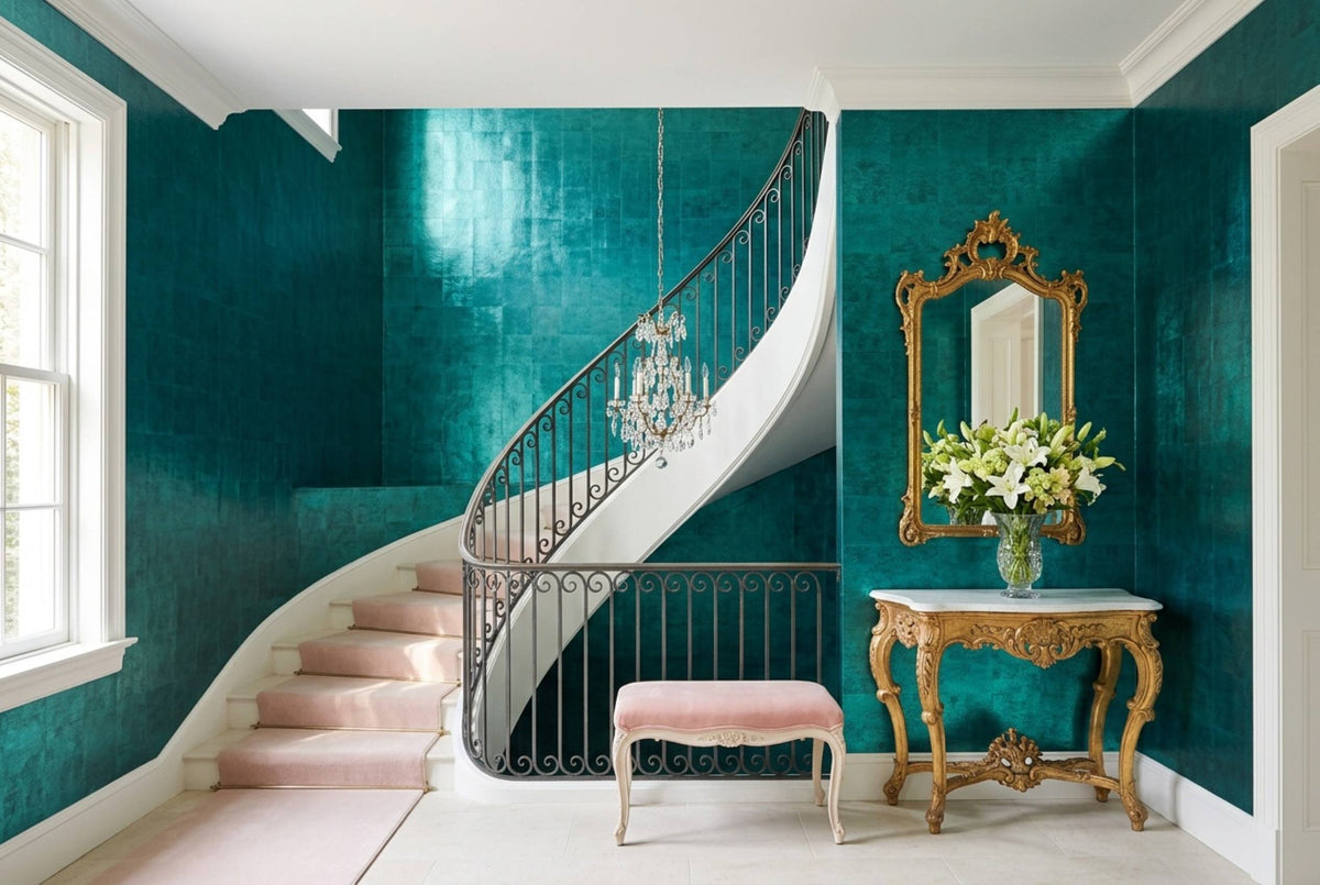 SM17 Peacock Azure — Metallic Leaf Solid Color Wallpaper, Room Scene