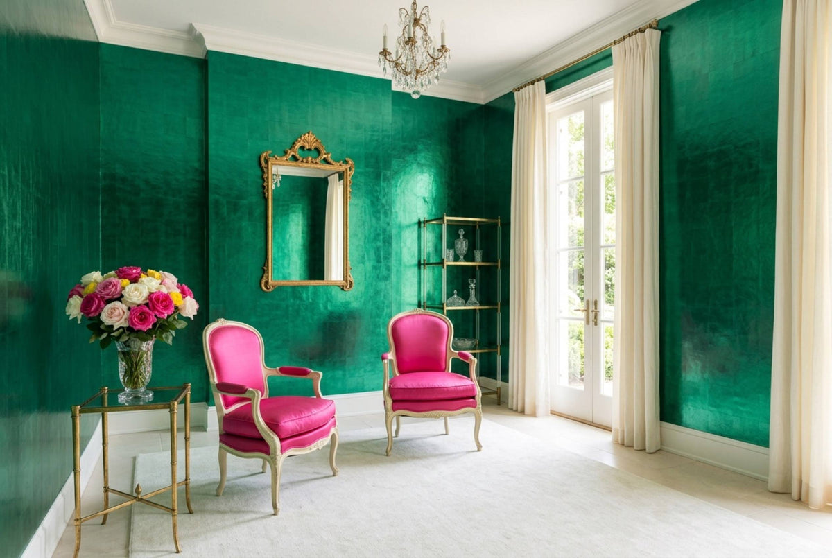 SM18 Jade Emerald — Metallic Leaf Solid Color Wallpaper, Room Scene