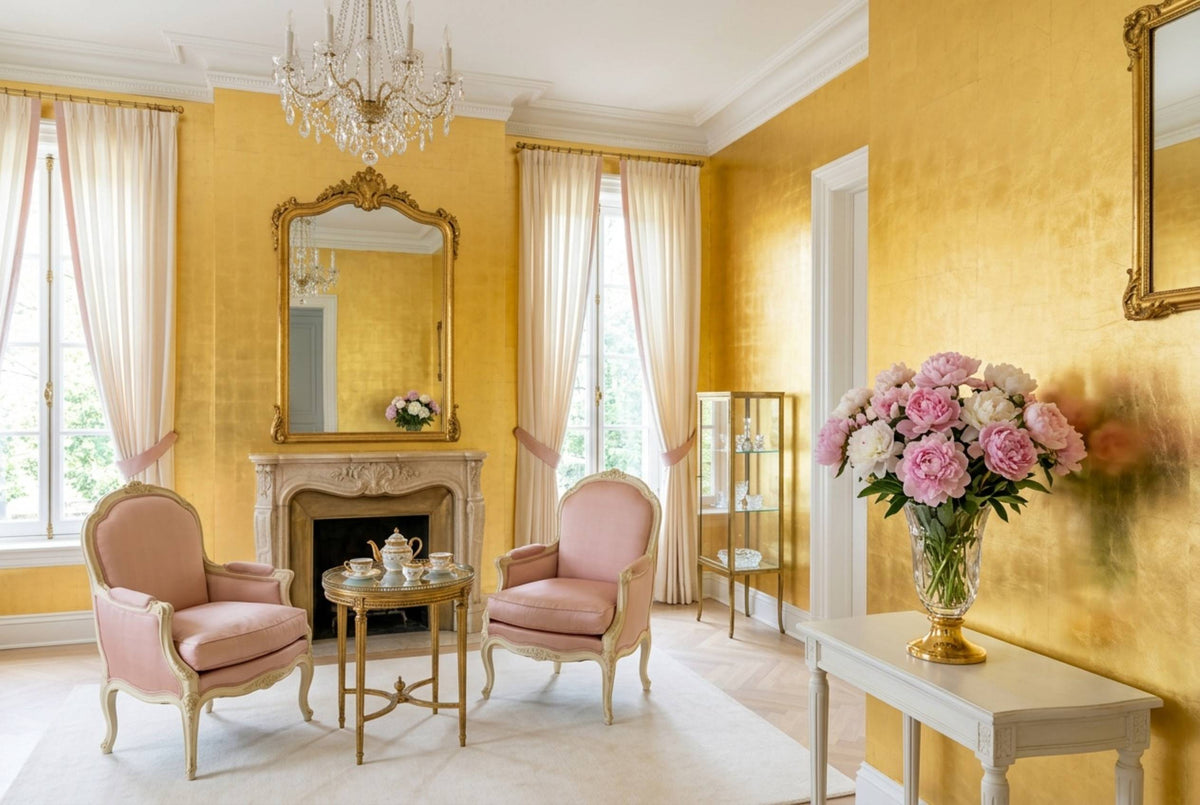 SM19 Sunlit Gold — Metallic Leaf Solid Color Wallpaper, Room Scene