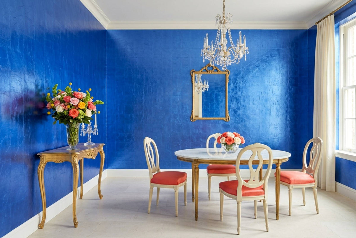 SM20 Cobalt — Metallic Leaf Solid Color Wallpaper, Room Scene