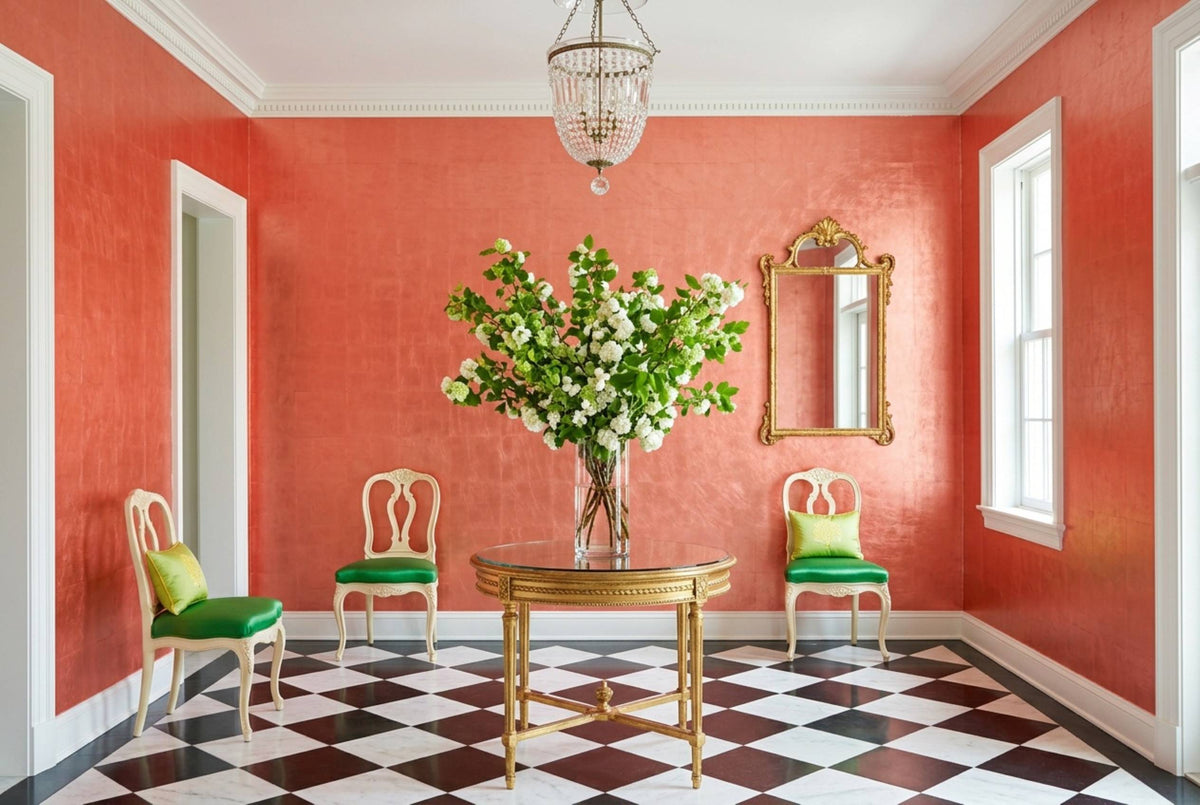 SM22 Hot Coral — Metallic Leaf Solid Color Wallpaper, Room Scene