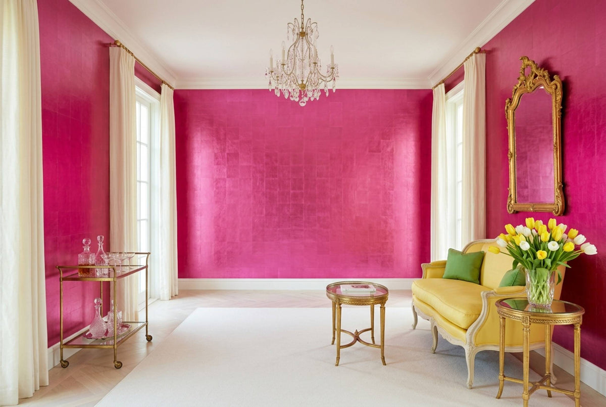 SM23 Fuchsia — Metallic Leaf Solid Color Wallpaper, Room Scene