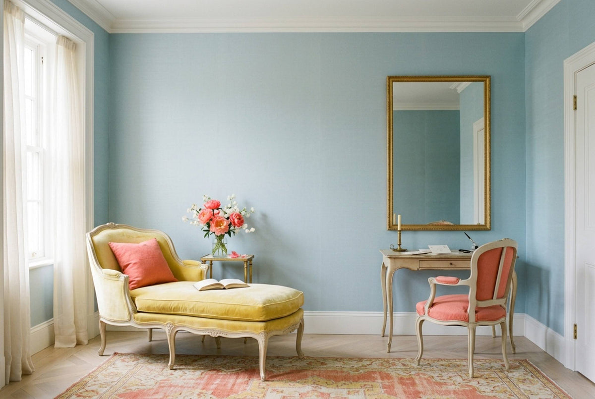 SS06 Ash Blue — Silk-Finish Solid Color Wallpaper, Room Scene
