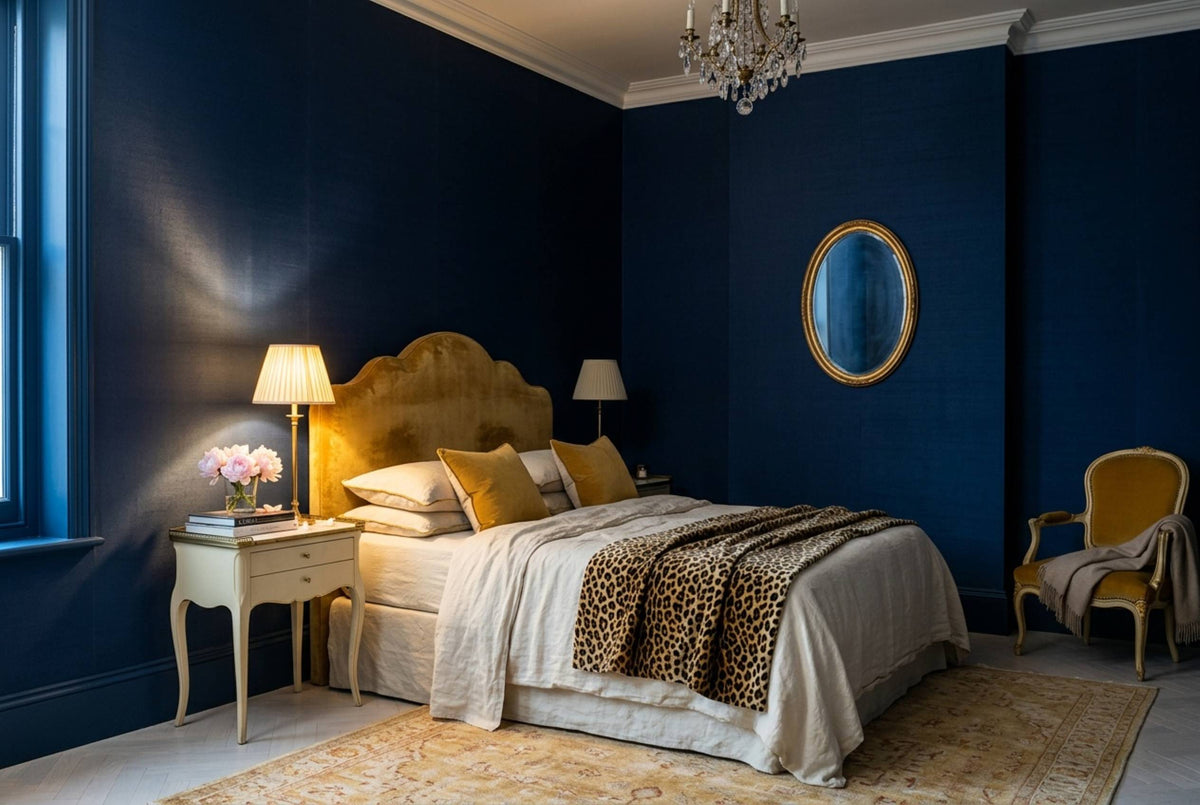 SS11 Deep Navy — Silk-Finish Solid Color Wallpaper, Room Scene