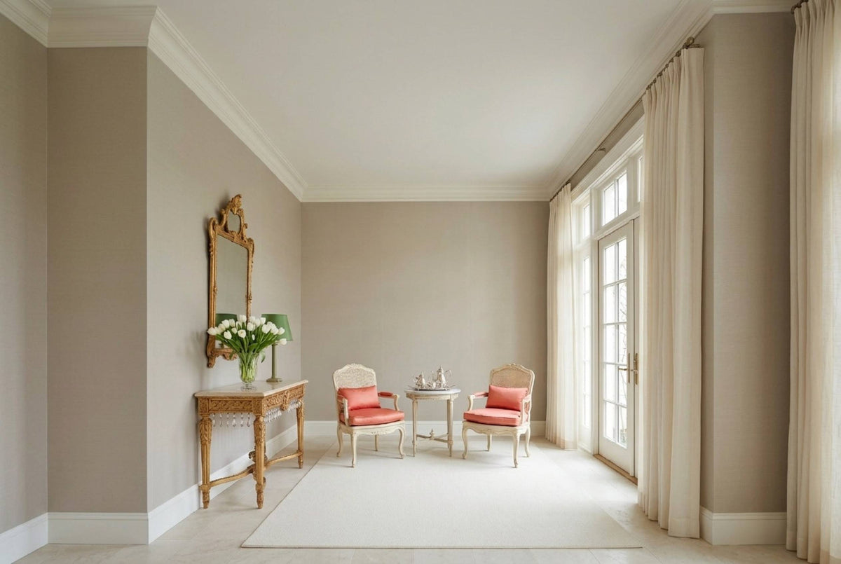 SS14 Greige — Silk-Finish Solid Color Wallpaper, Room Scene