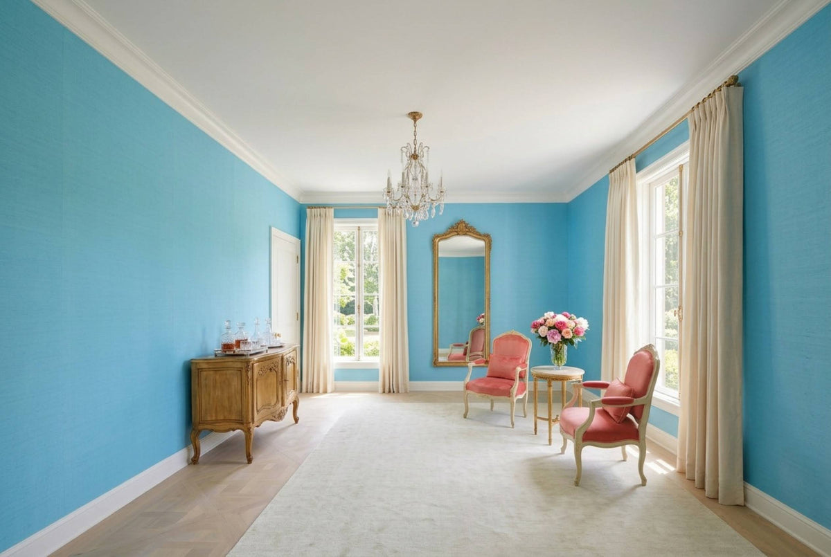 SS16 Aqua Blue — Silk-Finish Solid Color Wallpaper, Room Scene