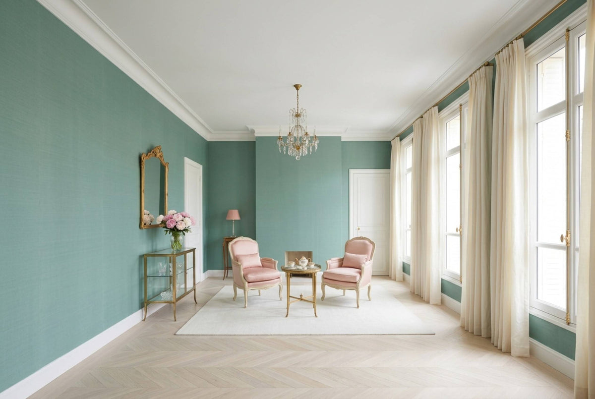SS19 Eucalyptus — Silk-Finish Solid Color Wallpaper, Room Scene