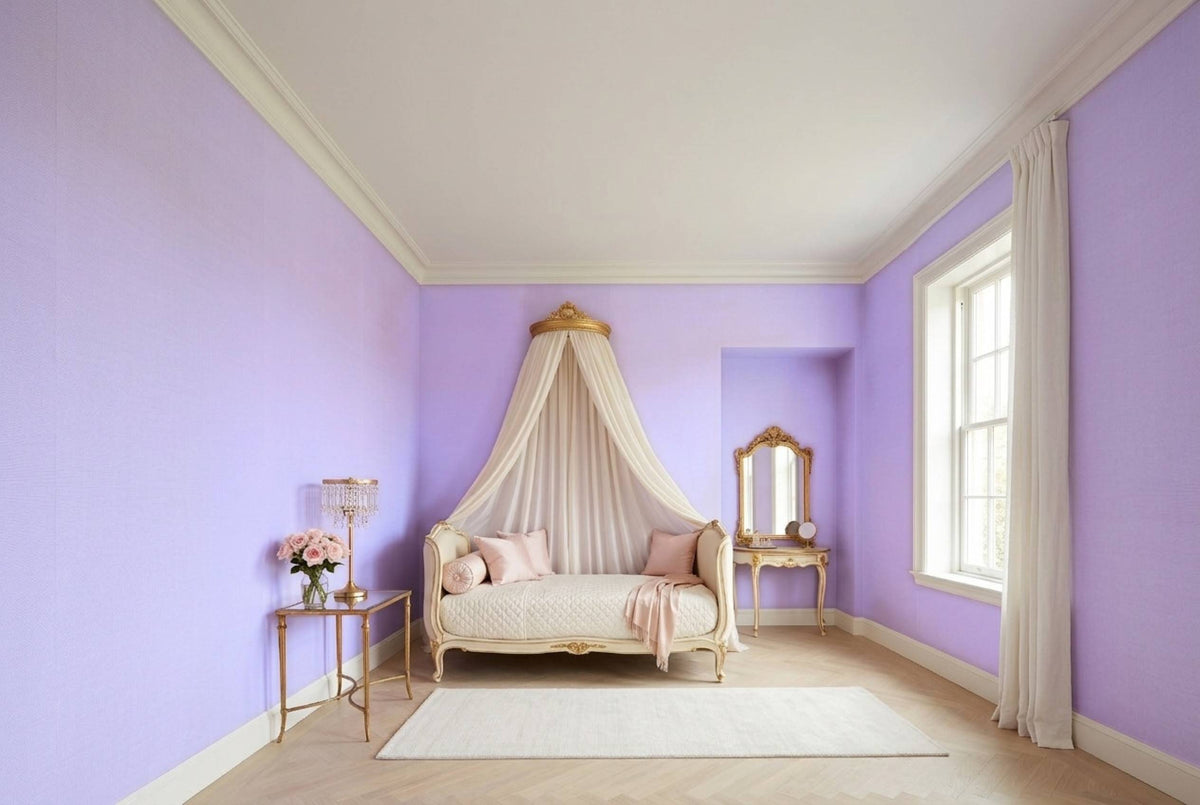 SS24 Soft Lilac — Silk-Finish Solid Color Wallpaper, Room Scene