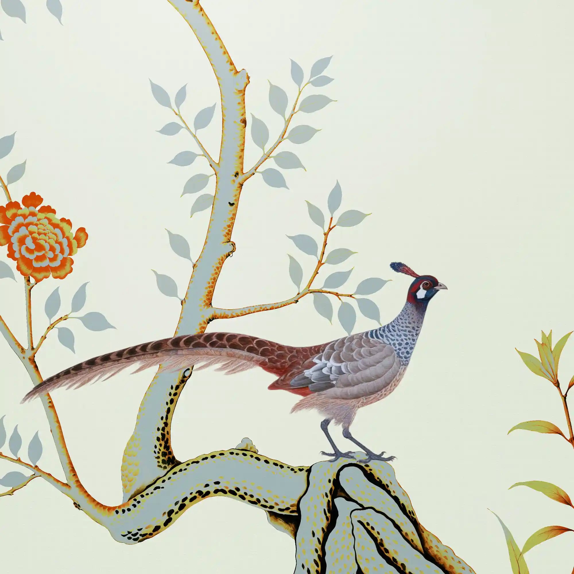 米色中国风花卉墙纸特写，显示出柔和的笔触细节和优雅的图案。