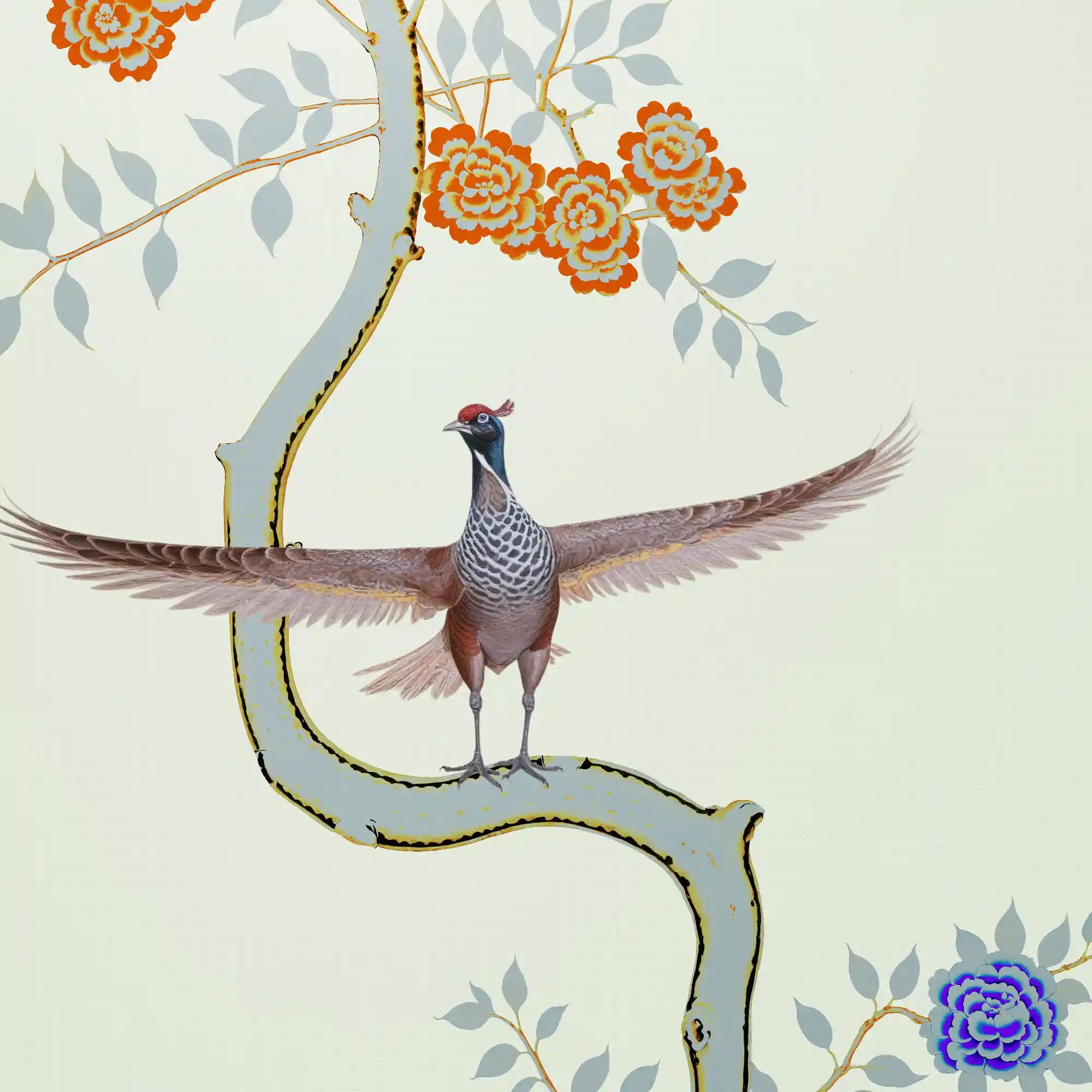 米色优雅的中国风花卉墙纸，具有永恒的艺术主题和精致的纹理。