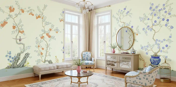 Beige Floral Chinoiserie wallpaper in living room, bright and elegant