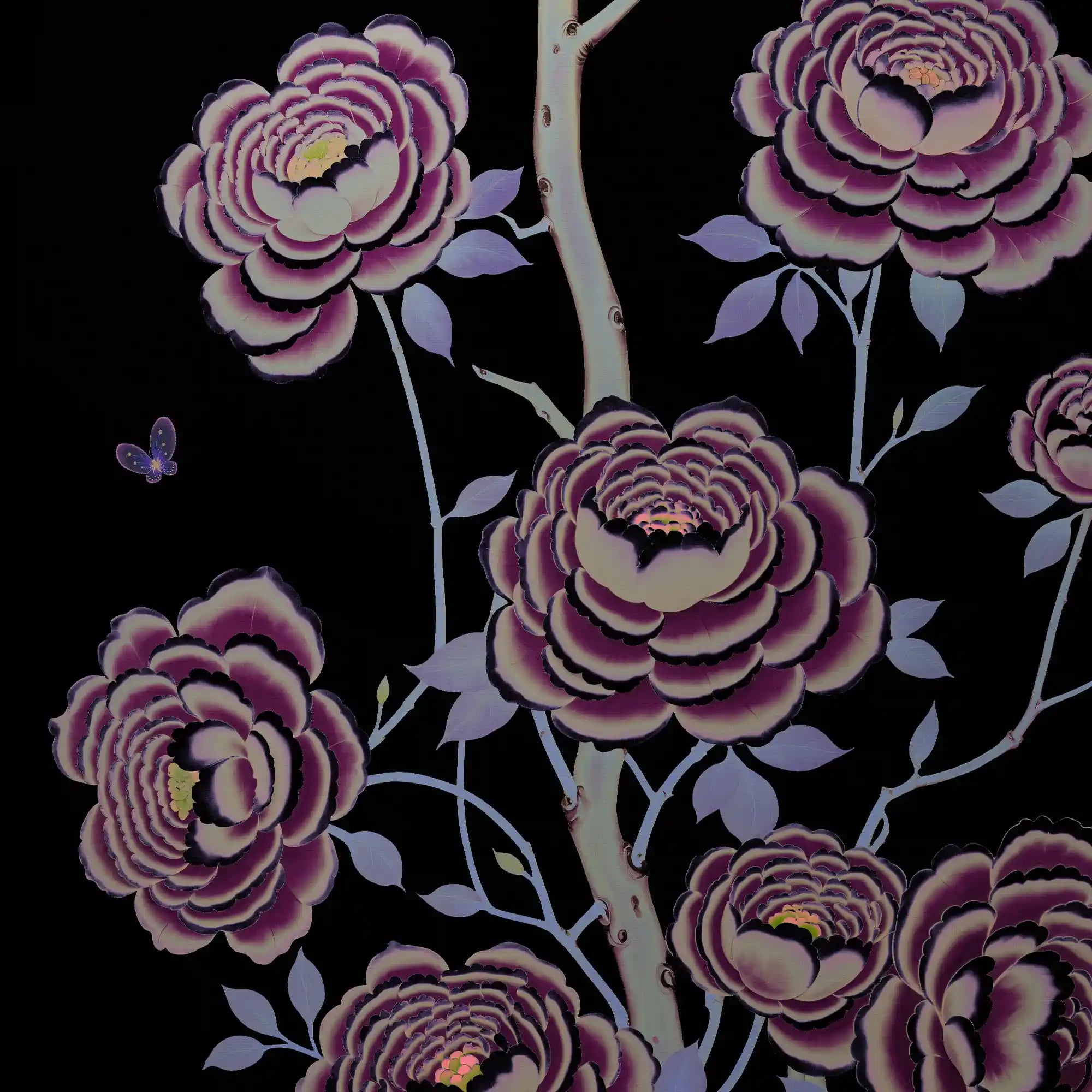 典雅的黑色中国风花卉墙纸，质感永恒，细节别致。