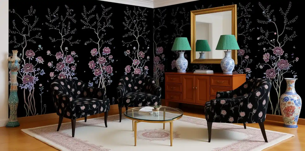 Black floral Chinoiserie wallpaper in living room, chic and refined
