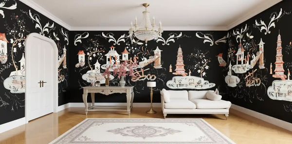 Black floral Chinoiserie wallpaper in living room, chic and elegant