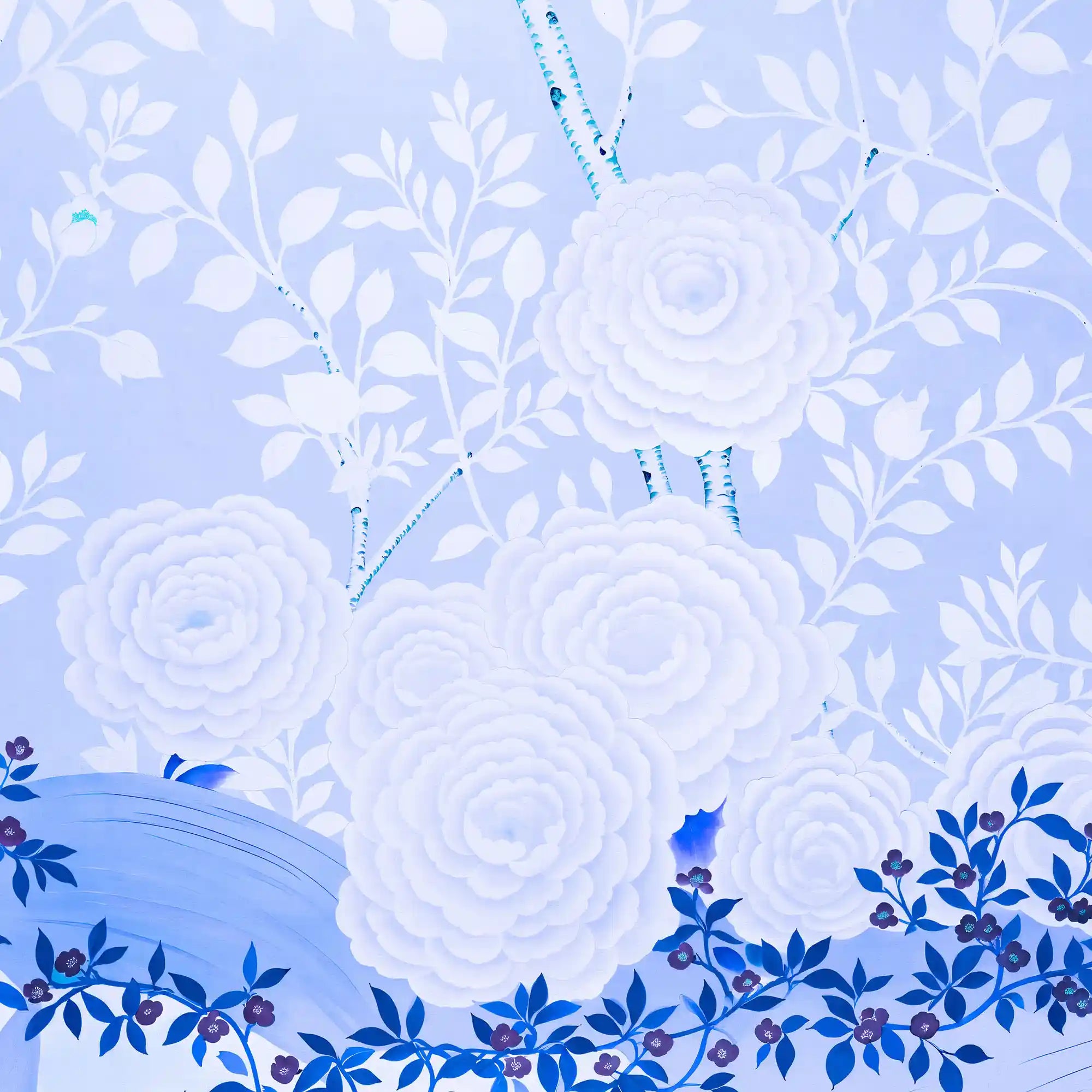 梦幻般的蓝色中式墙纸，带有宁静的花卉线条和精致的艺术气息。