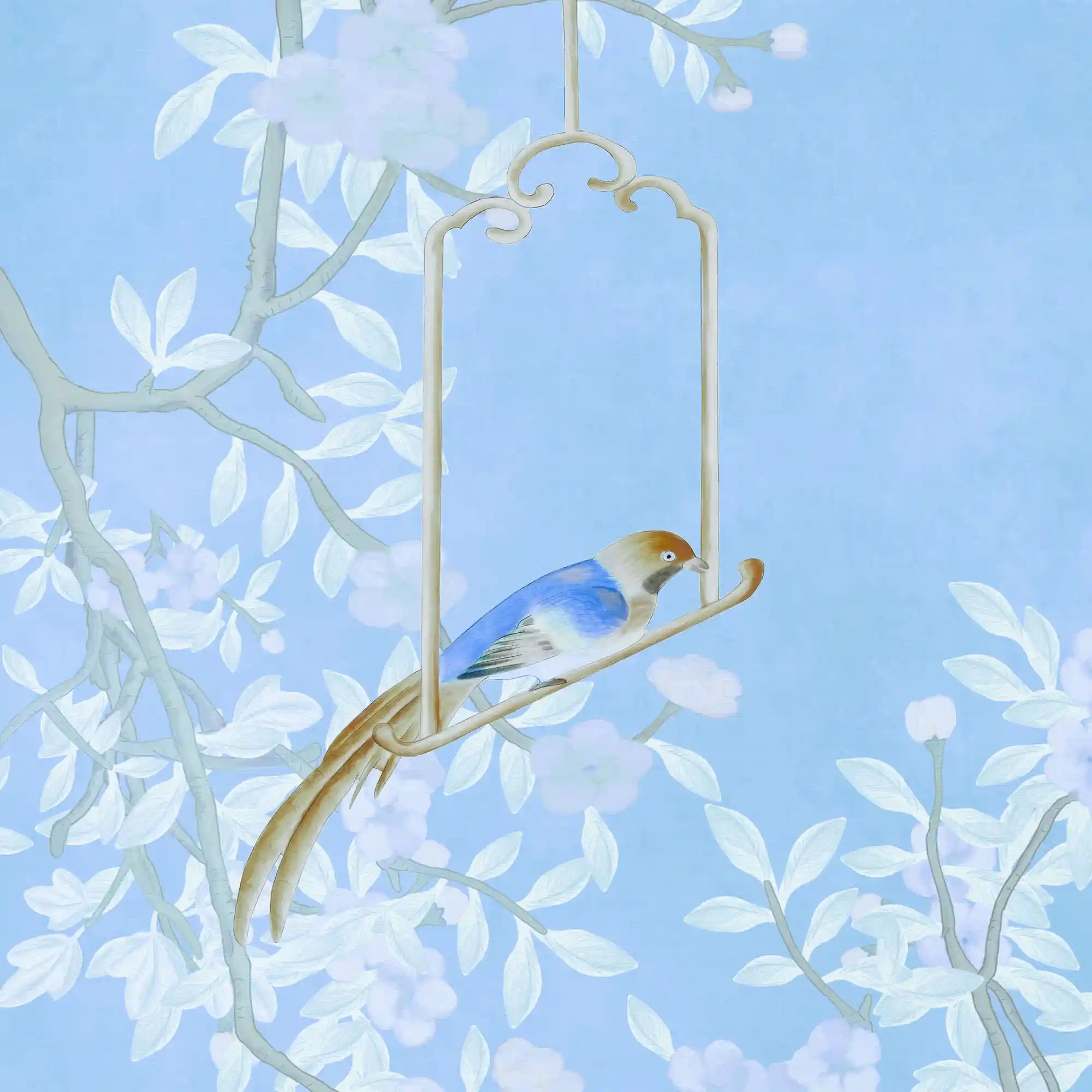 Light-filled blue floral Chinoiserie wallpaper with elegant design and soft color palette.