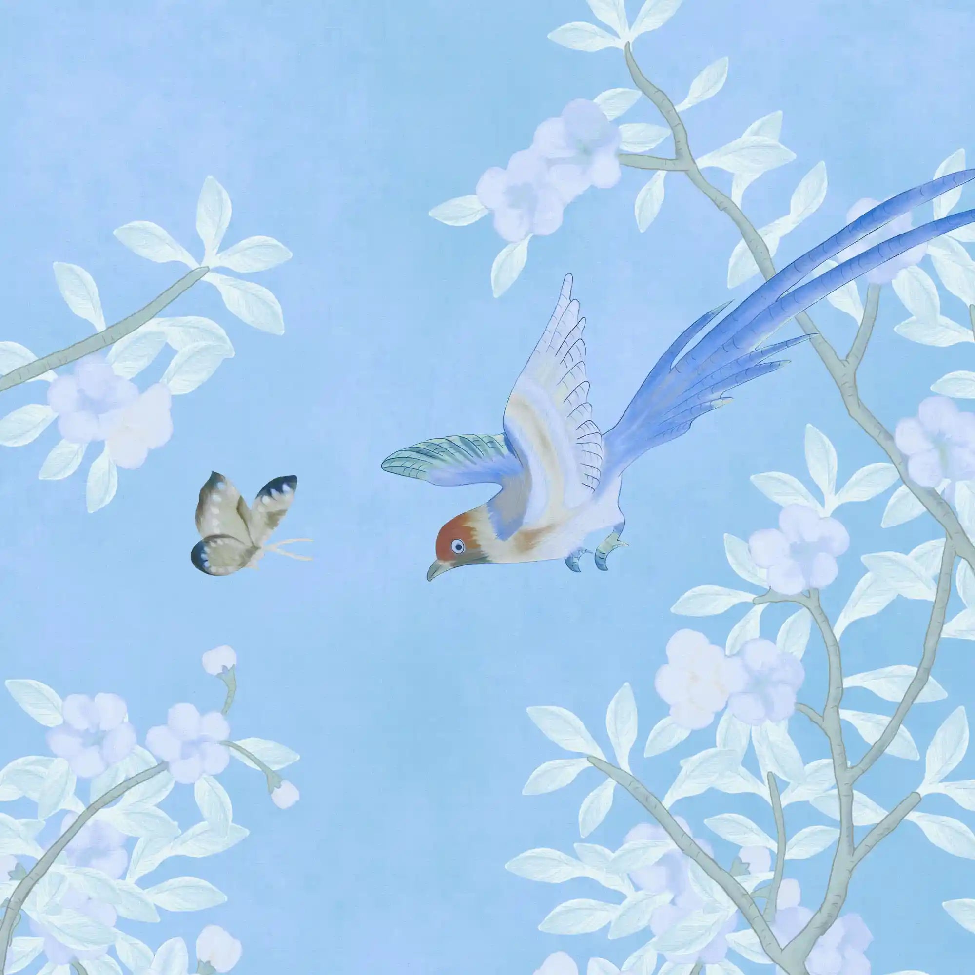 Close-up of blue floral Chinoiserie wallpaper showing delicate linework and artistic grace.