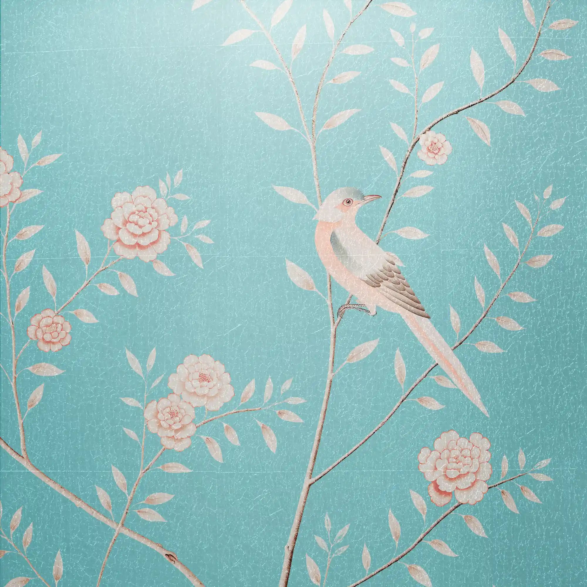 Elegant blue floral metallic leaf Chinoiserie wallpaper with fine botanical shimmer and smooth surface.