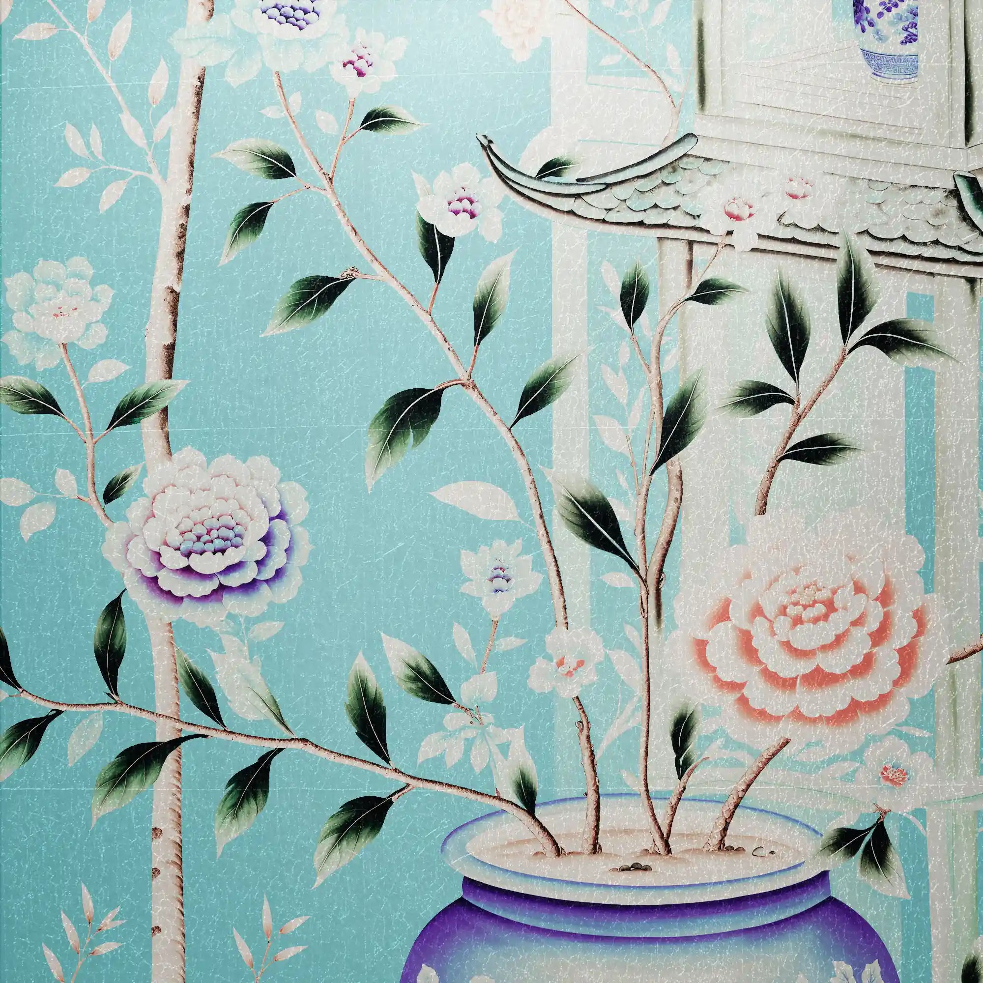 Close-up of elegant blue metallic leaf Chinoiserie wallpaper with intricate metallic details.