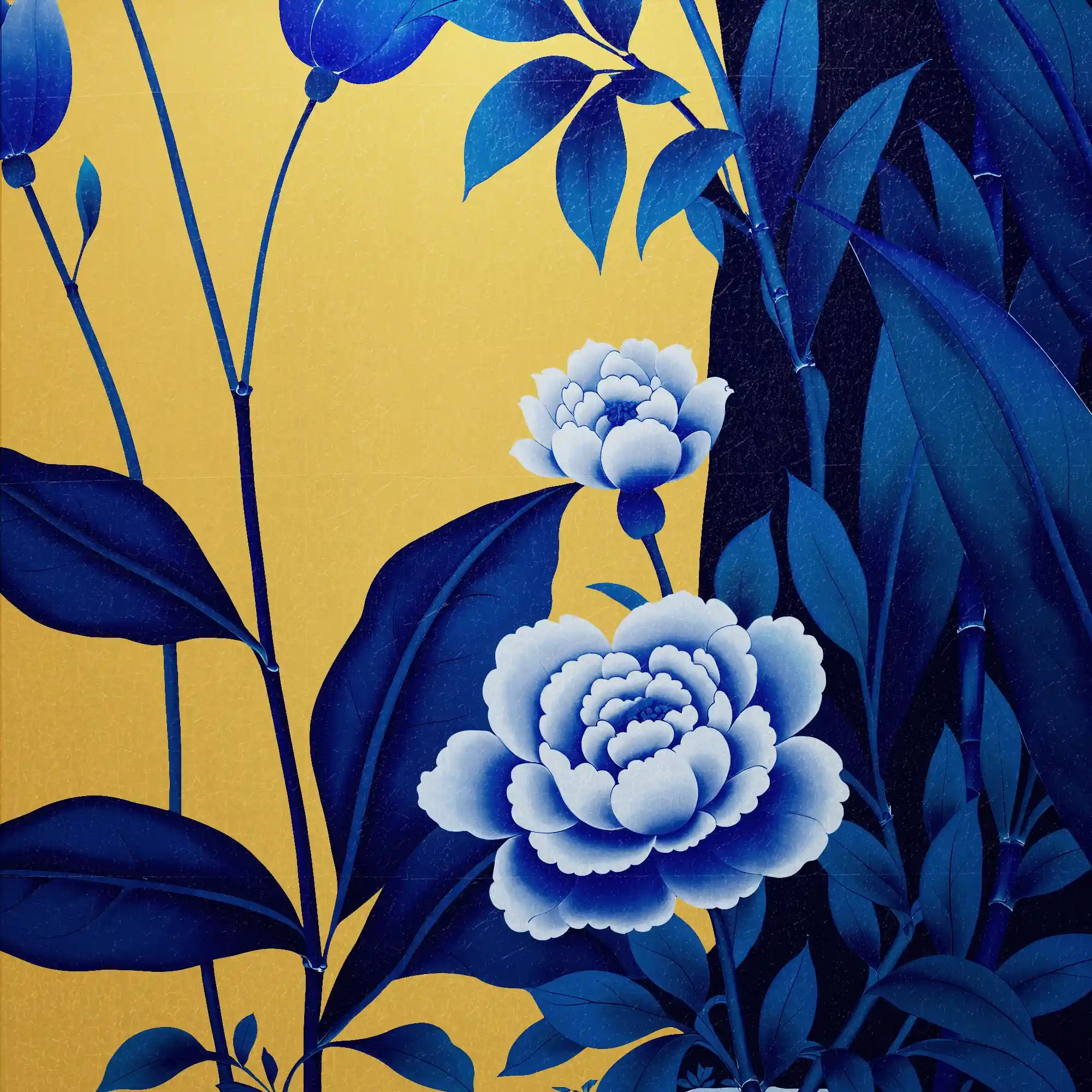 Vibrant blue and golden floral metallic leaf Chinoiserie wallpaper with elegant artistic glow.