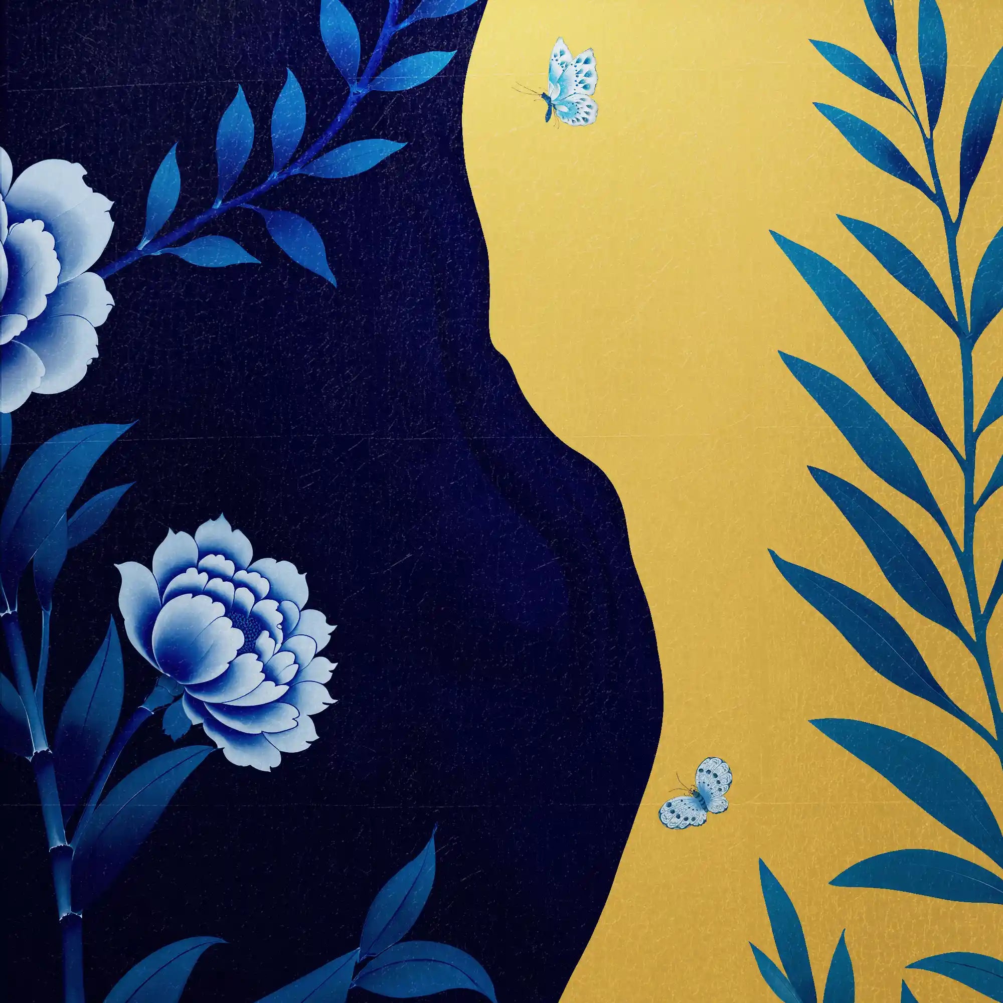 Vibrant blue and golden floral metallic leaf Chinoiserie wallpaper with elegant artistic glow.