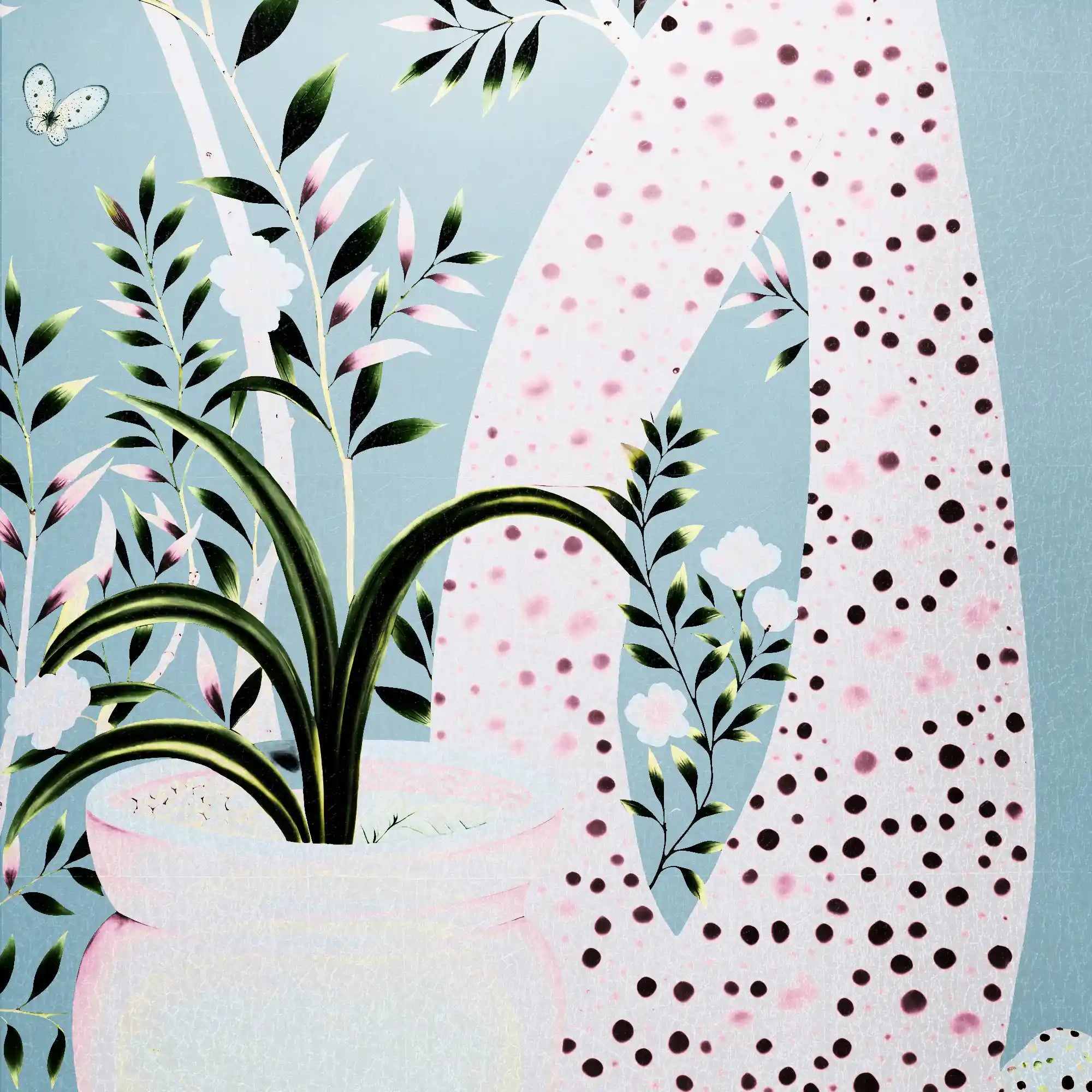 具有反光纹理的蓝色树纹金属叶中国风墙纸特写。