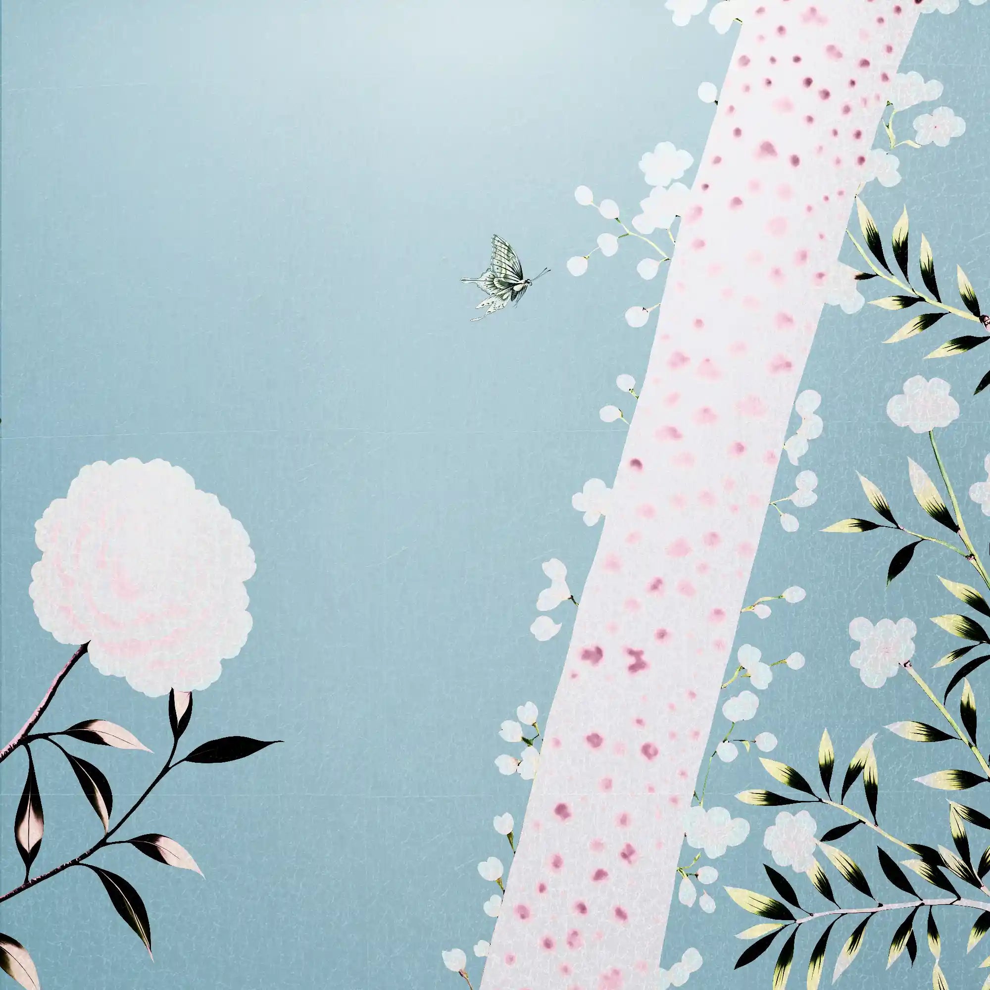 明亮的蓝色树纹金属叶中国风墙纸，枝干细致，具有金属质感。