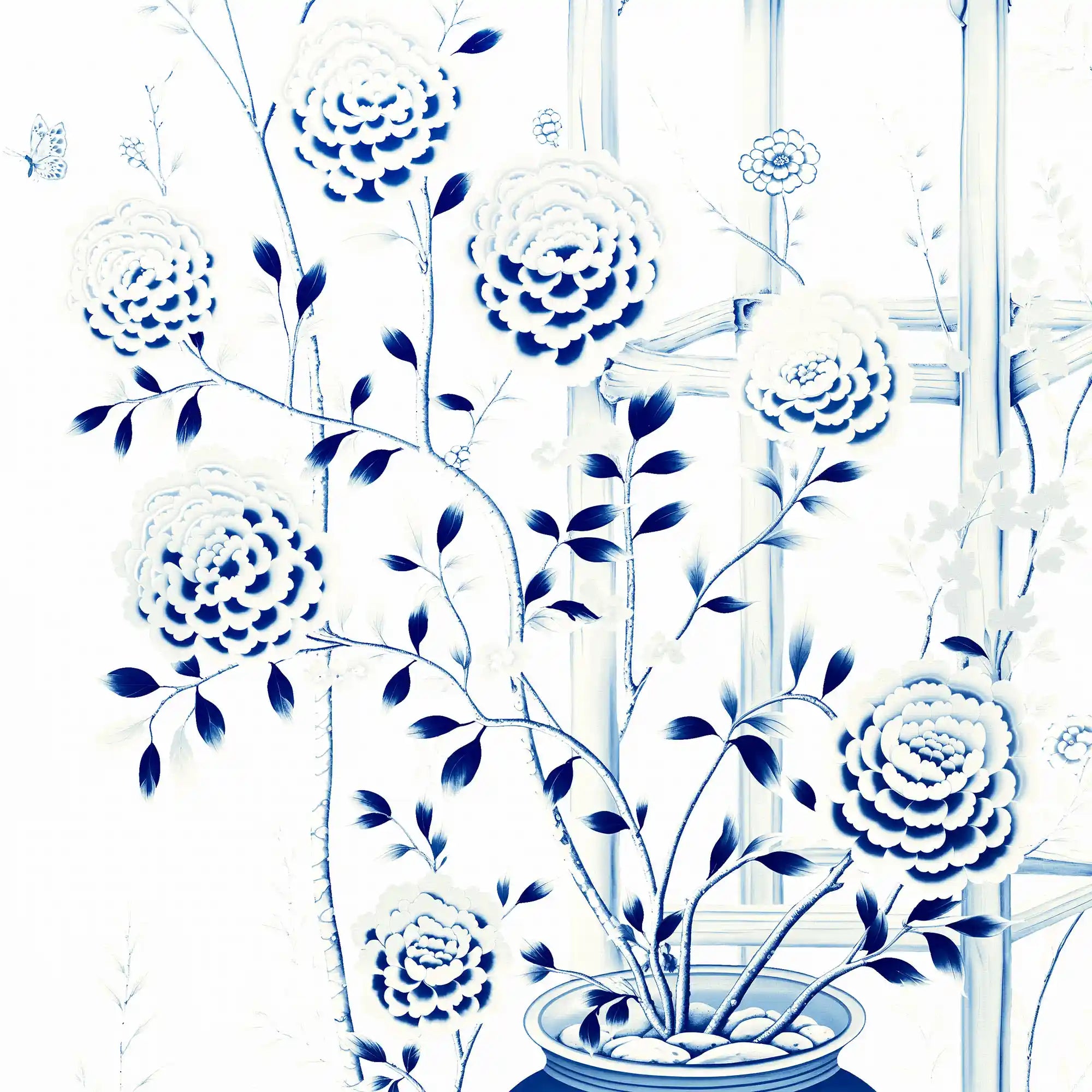 蓝白相间的中国风墙纸特写，显示出精致的细节和瓷器风格的笔触。