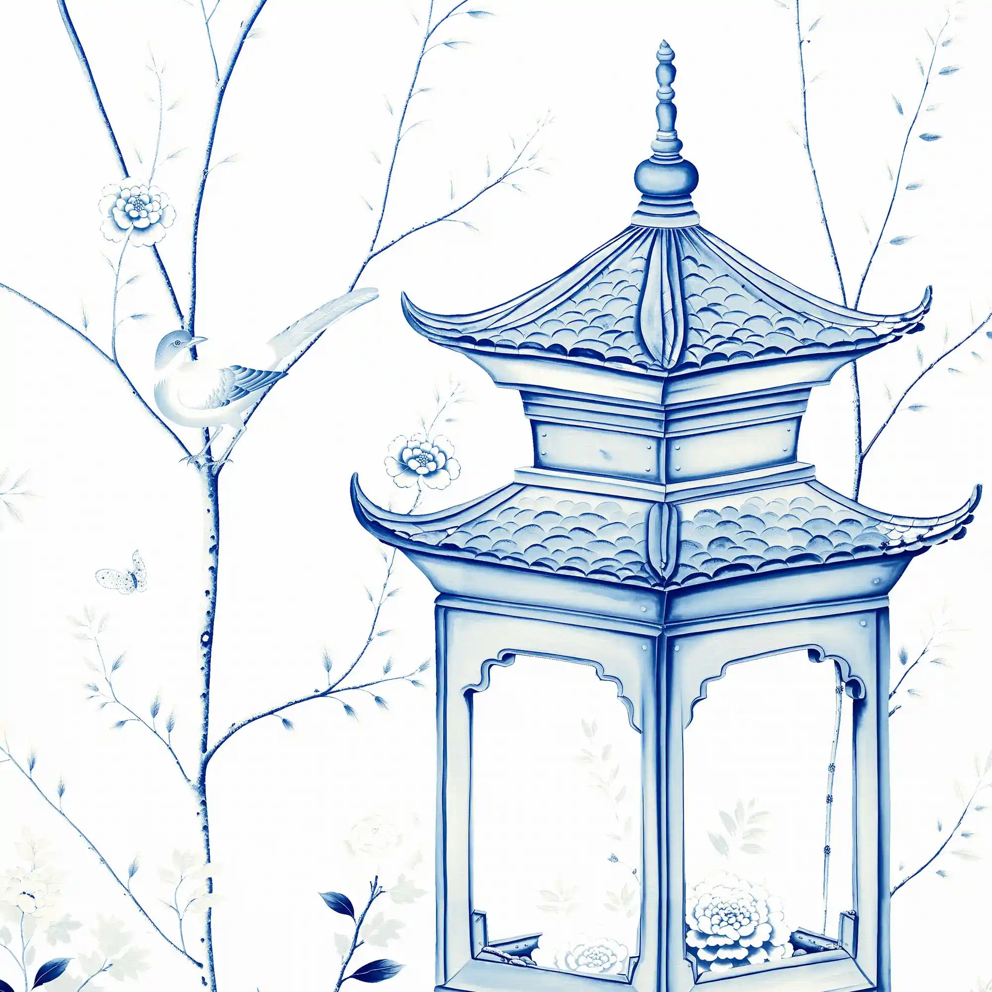 蓝白相间的中国风墙纸，配以精致的手绘花卉。