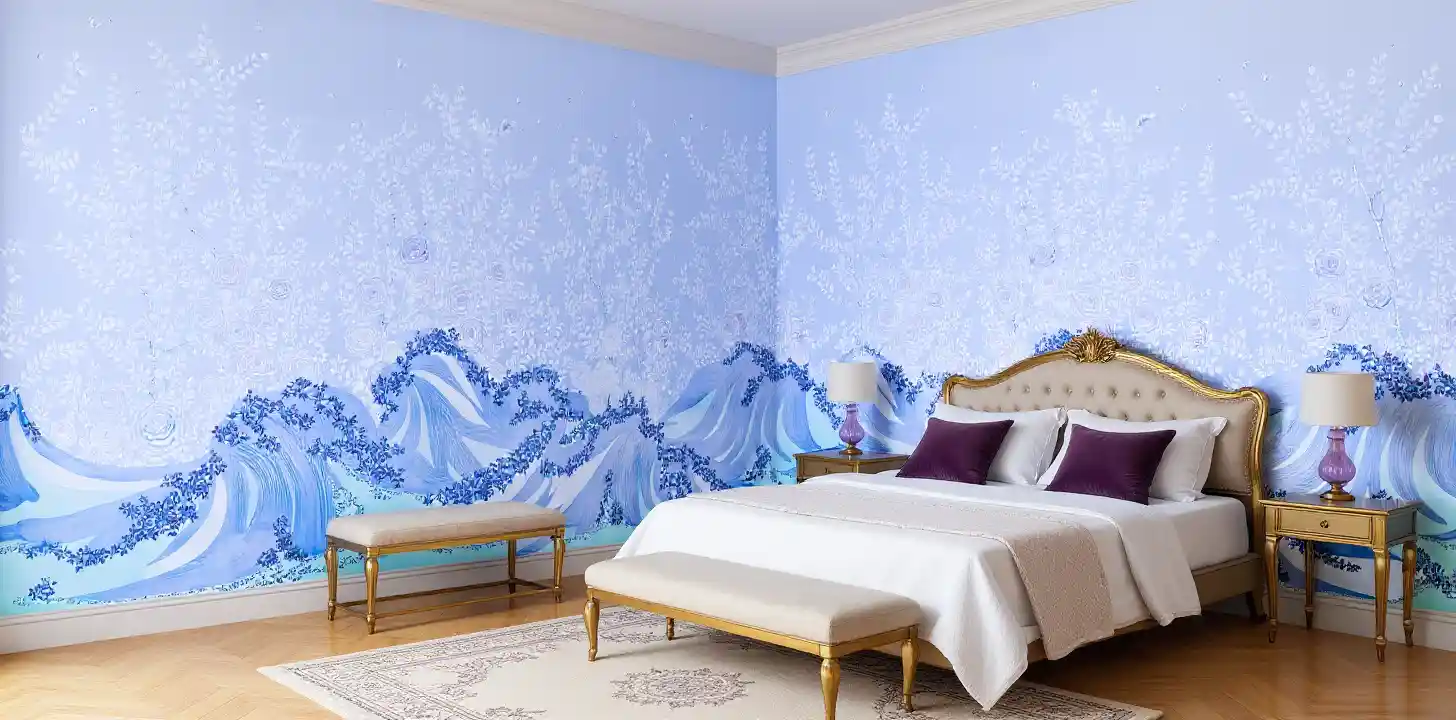 Blue Chinoiserie wallpaper in bedroom, tranquil and elegant