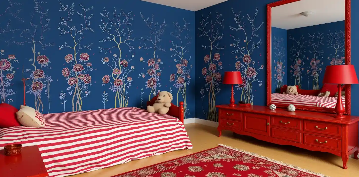 Blue Chinoiserie wallpaper in bedroom, bold and classic