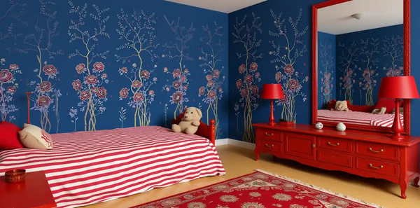 Blue Chinoiserie wallpaper in bedroom, bold and classic