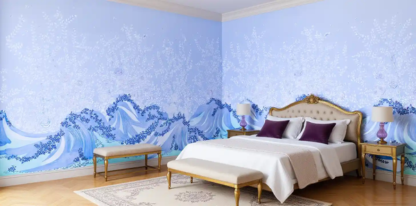 Blue Chinoiserie wallpaper in bedroom, tranquil and elegant