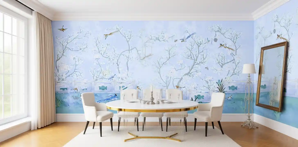 Blue floral Chinoiserie wallpaper in dining room, light and elegant
