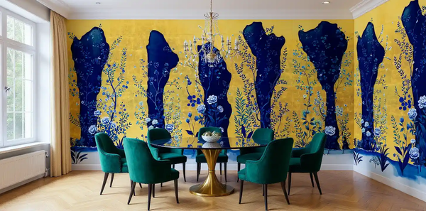 Blue and golden floral metallic leaf Chinoiserie wallpaper in dining room, vibrant and elegant