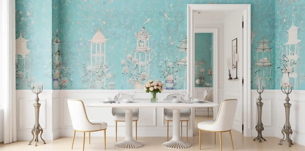 Blue floral metallic leaf Chinoiserie wallpaper in dining room, elegant and refined