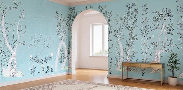 Blue metallic leaf Chinoiserie wallpaper in living room, bright and elegant