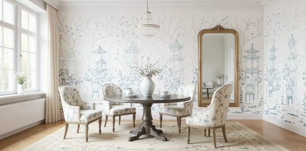 Blue and White Chinoiserie wallpaper in dining room, cozy and elegant