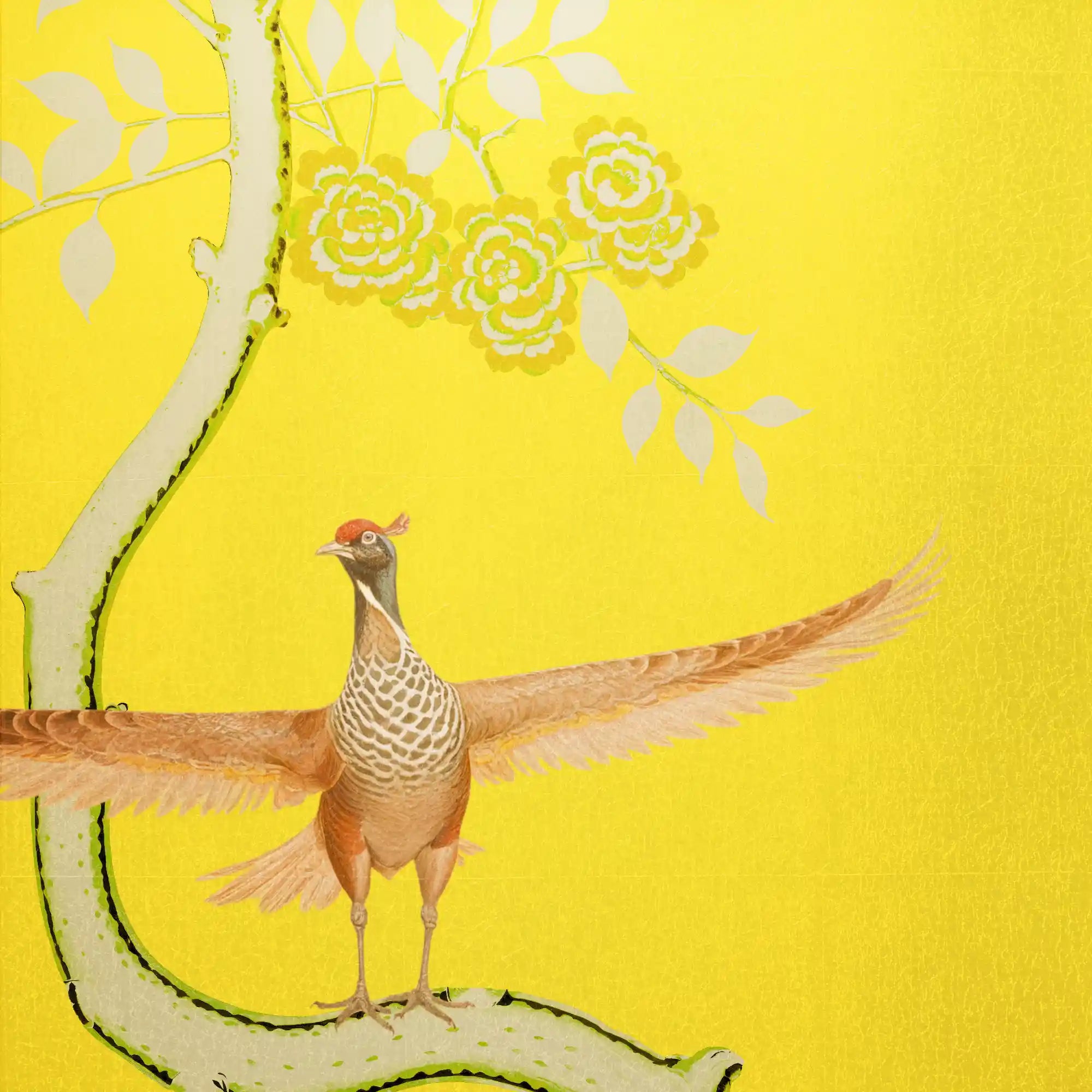 明亮的金色花朵金属叶中国风墙纸，表面光芒四射，细节经典。