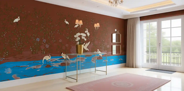 Brown Bird Chinoiserie wallpaper in foyer, classic and elegant