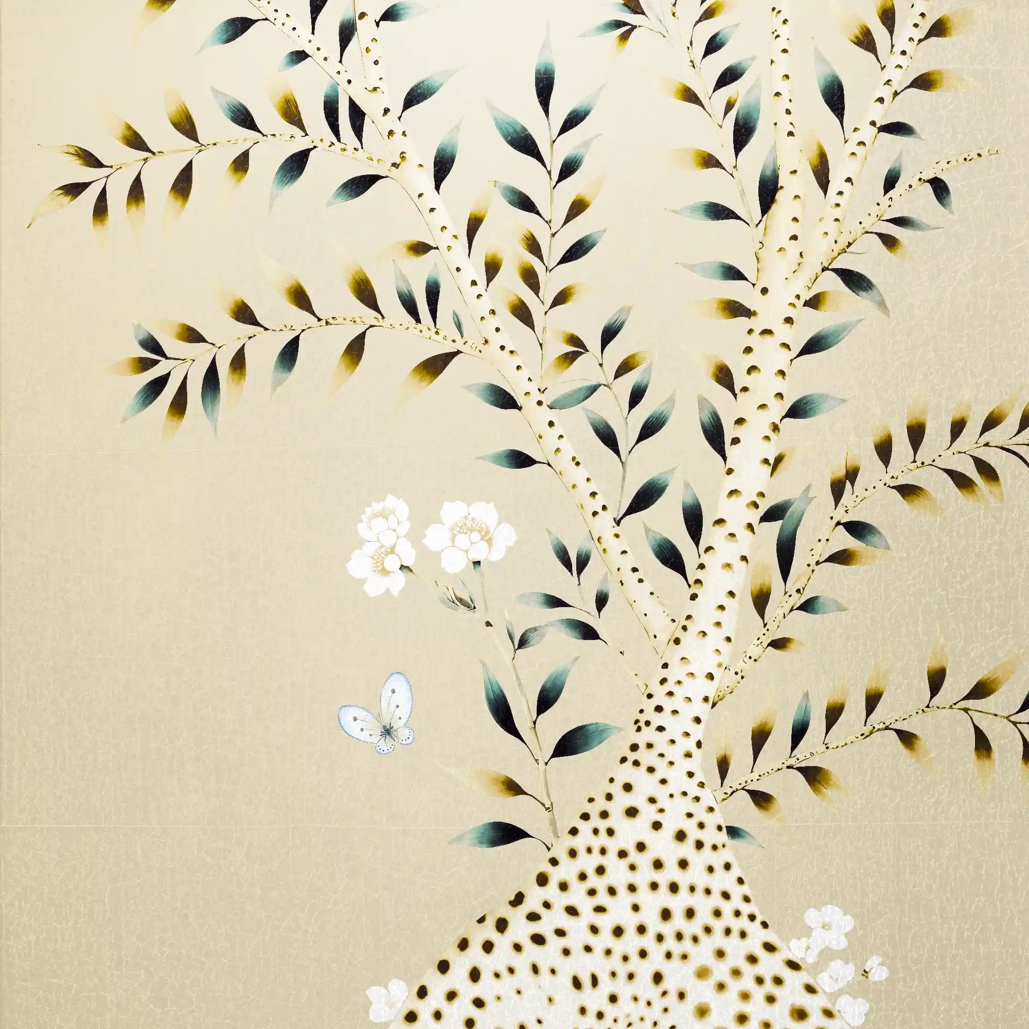 Elegant champagne floral metallic leaf Chinoiserie wallpaper with refined shimmer and delicate design.