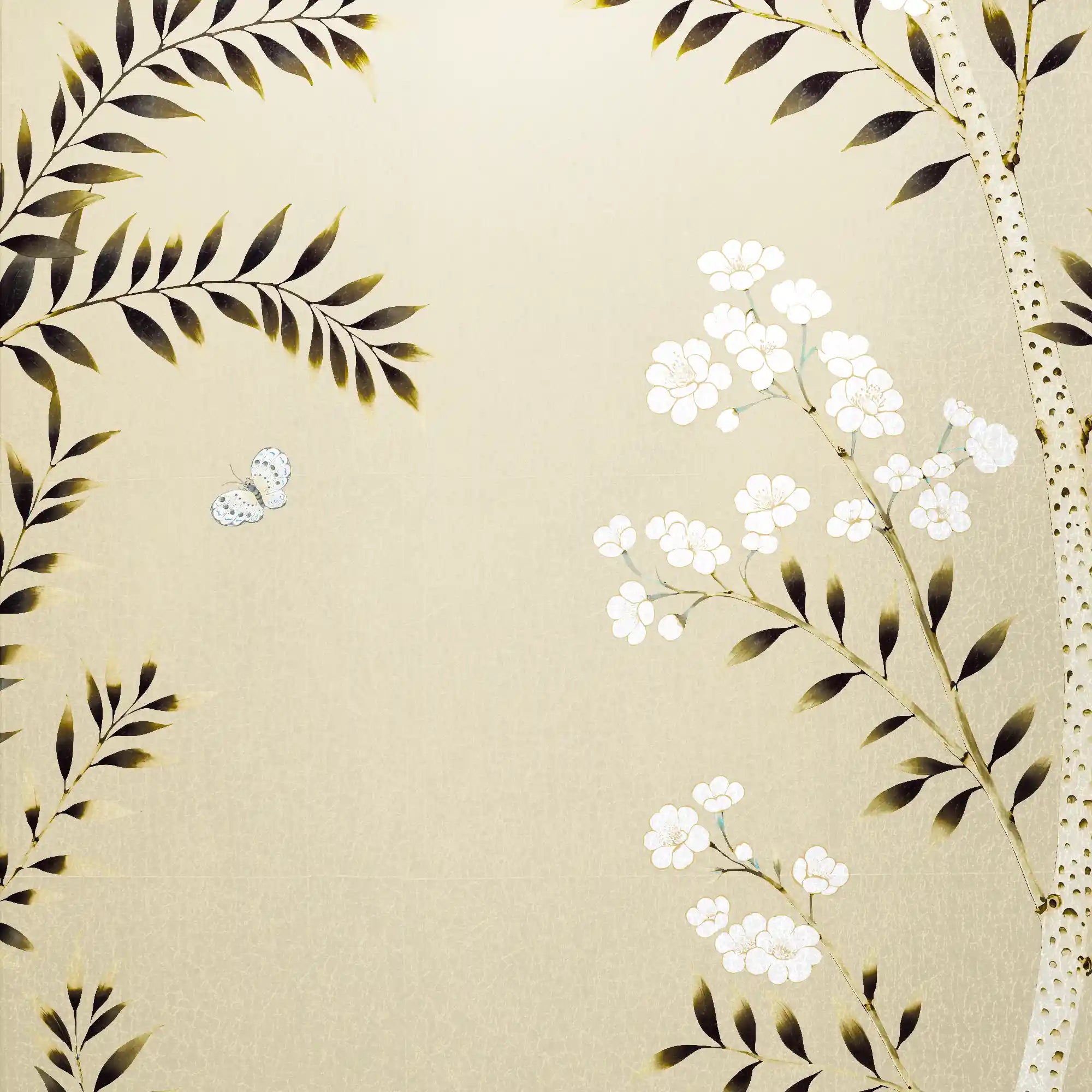 Close-up of champagne floral metallic leaf Chinoiserie wallpaper showing graceful metallic highlights.