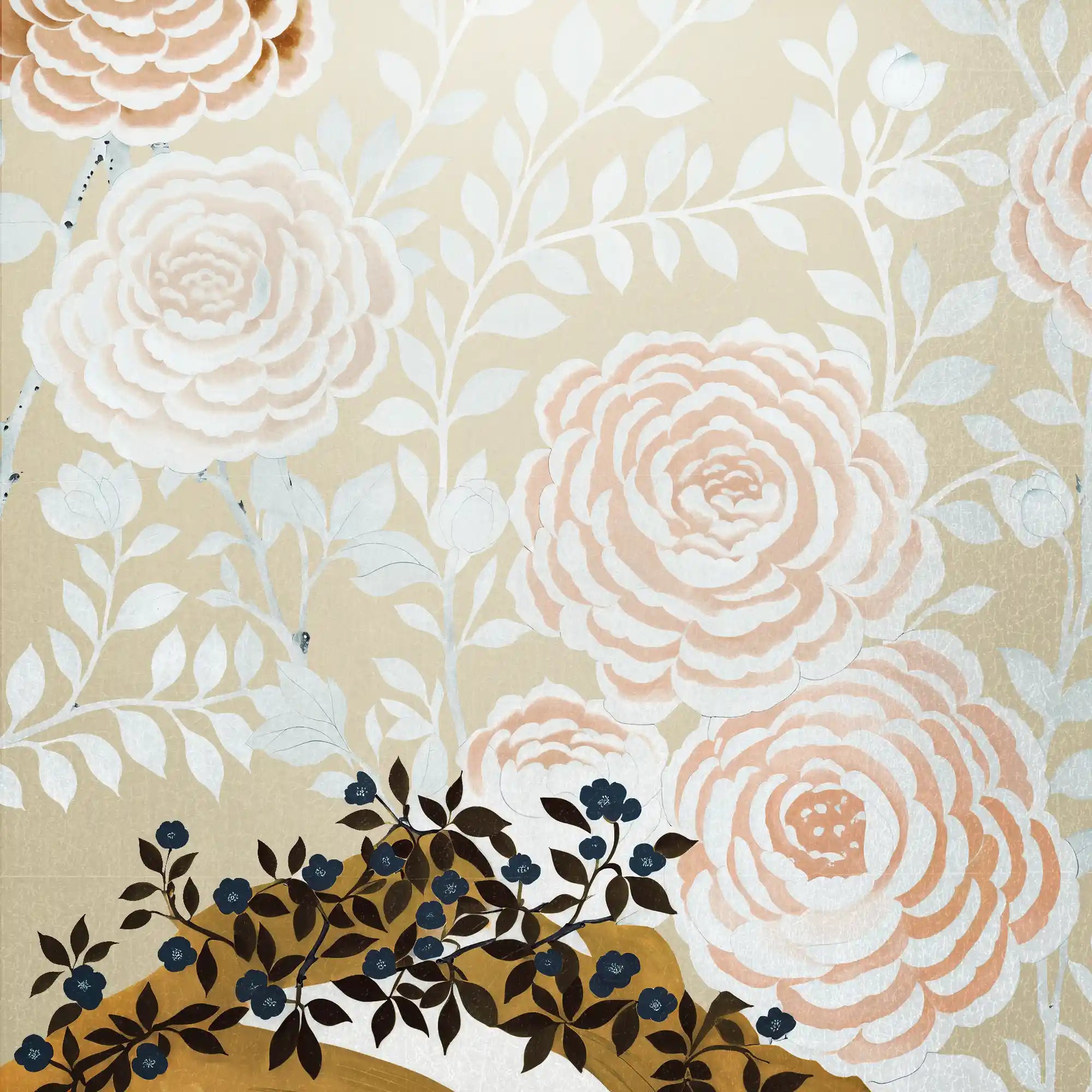 Elegant champagne metallic leaf Chinoiserie wallpaper with luxurious shimmer and refined texture.